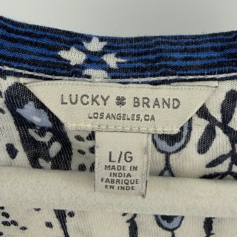 Lucky Brand Blue and Cream Boho Print Split Neck Long Sleeve Top, Women's Large - Picture 5 of 6